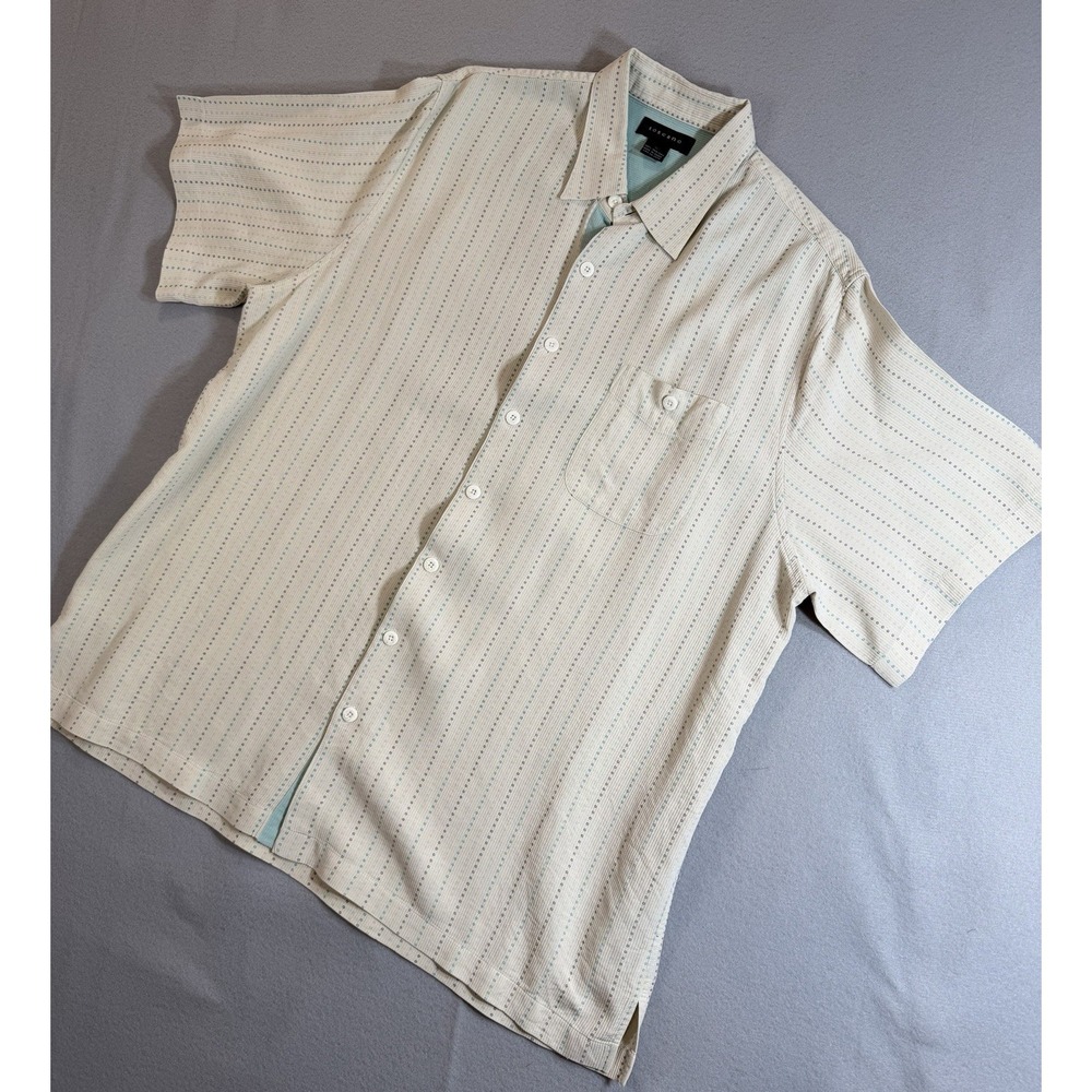Toscano 100% Silk Shirt Men's 1X Beige Button Up Short Sleeve Collared Print